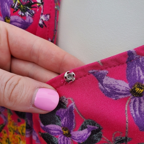 Harlow & Rose Romper Jumpsuit Floral Pink Purple and Yellow Flutter Sleeve NWOT - Picture 8 of 16